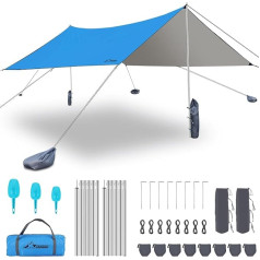 WADEO Camping Tent Tarpaulin 3.6 m x 3.6 m Waterproof Anti-UV, 3-8 Person Beach Tent Beach Shelter with Poles and Sand Anchor, Camping Tent Tarp Shade Sail for Camping Hiking Picnic Outdoor (Blue)