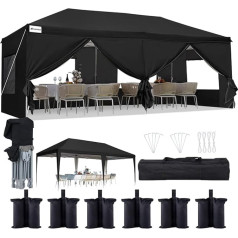 FINFREE Folding Gazebo 3 x 6 m Waterproof Stable Gazebo Party Tent Garden Gazebo with Double Ventilation Mosquito Net Window with 6 Side Panels and Carry Bag, Black