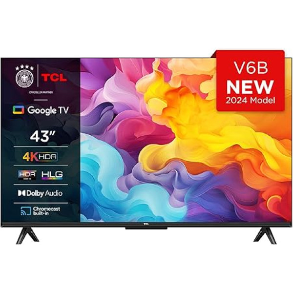 TCL 43V6B 43 Inch 4K Ultra HD, HDR TV, Smart TV Supported by Google TV (Dolby Audio, Motion Clarity, Voice Control, Compatible with Google Assistant, Chromecast Built-In
