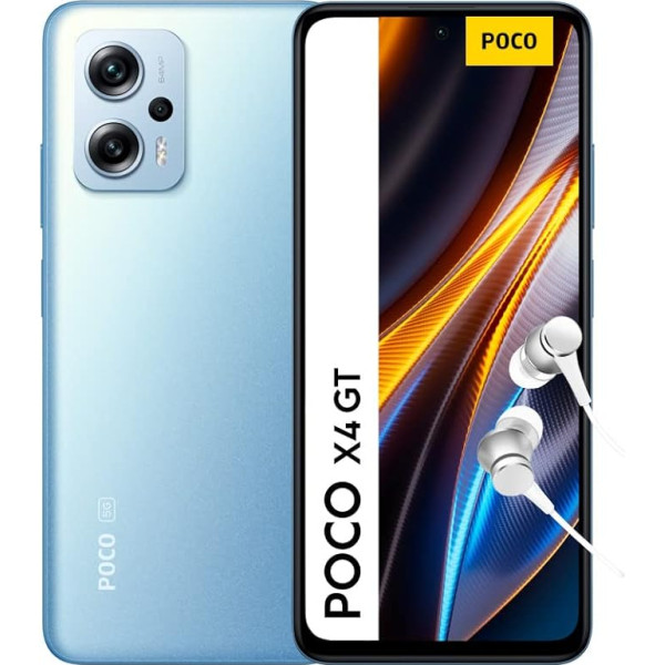 Xiaomi Poco X4 GT 5G Smartphone + Headphones, 8 + 128 GB Mobile Phone without Contract, 6.6 Inch 144 Hz DynamicSwitch DotDisplay, 64 MP Triple Camera, 5080 mAh, 67 W Turbo Charge, Blue (German