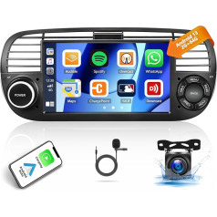 Android Car Radio for Fiat 500 2007-2015 with CarPlay Wireless Android Car, 7 Inch Touchscreen Car Radio with Mirrorlink GPS Navi/WiFi, Bluetooth, SWC, FM/RDS, EQ Radio + Reversing Camera & Mic