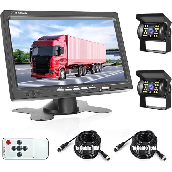 Reversing Camera Set with 7 Inch Monitor Vehicle 2 Reversing Camera, IP68 Waterproof, 18IR Night Vision, Cable Parking Aid for Truck/Trailer/Bus/Van/Agriculture/Motorhomes/Caravans with 15 m + 10 m