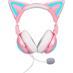 Axent Wear New Wireless Cat Ear Headphones (12 Colour Changing) with Connectable Attachable HD Microphone Microphone Mute Button 3.5mm Jack Gaming for Various (Pink)