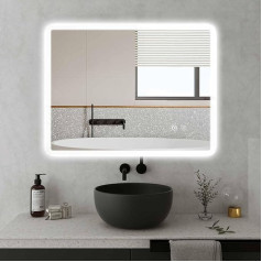 SaniteModar LED Bathroom Mirror 50 x 70 cm, Bathroom Mirror with Equal Lighting Strips, Wall Mirror with Three-Colour Lights, Anti-Fog, Touch Switch