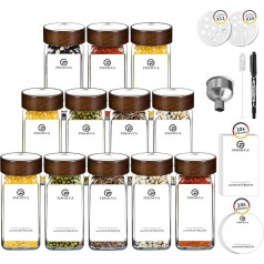 SIAZIH MRVNN Vintage Spice Jars Glass Set of 12-120 ml Spice Jars with Shaker Insert, Spice Jar with Natural Acacia Wood Lid, Clean White Spice Labels, Kitchen Decor Spice Organiser