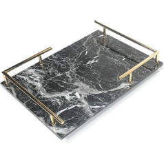 PuTwo Decorative Tray, Vintage, Marble Printed Tray, MDF Serving Plate Tray, Rectangular Plate, Bathroom Tray with Handle, Bathroom Storage Organiser (Black & Gold)