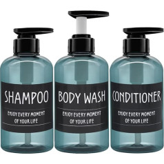 Pack of 3 300 ml Shampoo Bottle Pump Dispenser with Label, Empty Plastic Soap Dispenser Bottle with Pump for Bathroom, Kitchen or Hotel, Refillable Liquid Dispenser for Lotion, Shower Gel and