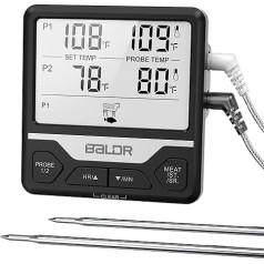 Konsen KS-373 Digital Grill Thermometer Meat Thermometer Roasting Thermometer Oven Thermometer with 2 Stainless Steel Probes Waterproof Timer Backlight Temperature Range -10°C ~ 300°C