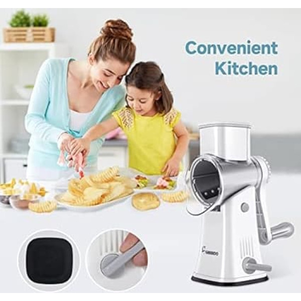 Cheese Grater with Crank, Vegetable Cutter with 4 Stainless Steel Interchangeable Drum Blades, Quick Cutting Manual Drum Grater for Cheese, Cucumbers, Carrots, Nuts, with Storage Box and Cleaning