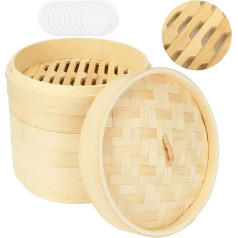 GOYADA 4 Pieces Bamboo Steamer with 3 Levels, Bamboo Steamer Basket (Diameter 20 cm), Bamboo Steamer with 50 Sheets of Steam Paper for Rice, Vegetables, Dim Sum, Fish