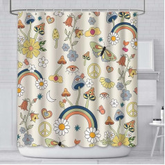 AIBIIN 180 x 180 cm Mushroom Shower Curtain, Boho Floral Pattern, Washable, Waterproof, Fabric, Bath Curtains Set, Hippie, 70s 80s, Funky Groovy Aesthetic, Retro Curtains for Bathroom with 12