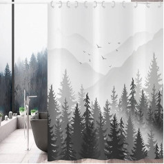 Hnmdmyi Shower Curtain, Black and White, 180 x 200 cm, Misty Forest, Mountain, Ombre, Grey, Nature, Tree, Forest Landscape, Bathtub Curtain, Waterproof, Polyester Fabric, Washable Bath Curtain for