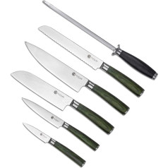 HexClad Essential Messerset, 6-teilig, japanische Damastklingen aus rostfreiem Stahl, Full Tang Konstruktion, Griffe aus Pakkaholz