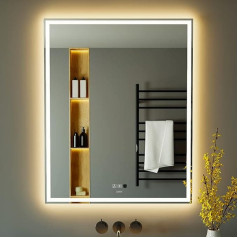 KWW 80 x 100 cm LED Bathroom Vanity Mirror with Motion Sensor, Colour Temperature Adjustable, Anti-Fog Dimmable Lights, Horizontal/Vertical Wall Mirror