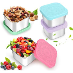 Pack of 4 Snack Containers, 180 ml 304 Stainless Steel Metal Sauce Food Storage Box Container with Silicone Lid, Reusable Small Portable Leak-Proof Food Lunch Boxes Set, Easy to Open