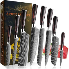 Professional Kitchen Knife Set | Chef's Knife, Santoku & Bread Knives and Others | Stainless Steel Laser Pattern with Pakkawood Handle | Gift Box Set