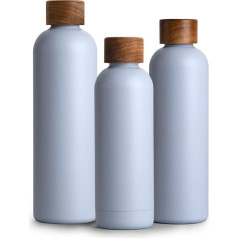 T&N Stainless Steel Drinking Bottle, 500 ml Thermos Flask with Acacia Wood Lid, Insulated Water Bottle, Leak-Proof for Carbonated Drinks, Insulated Flask, 500 ml, Sky Blue