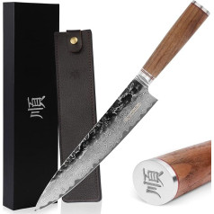 YOUSUNLONG Chef's Knife 10 Inch Pro Gyuto Japanese Handle Made of Hammered Damascus Steel Made of Natural Walnut Wood with Leather Sheath