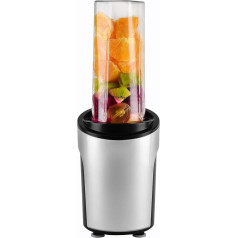 Kalorik TKG BL 3009 Smoothie Maker & Stand Mixer, 2 Mixing Containers 600 ml & 500 ml, 2 Four-Edged Stainless Steel Knives, Glass Cup, Drinking and Storage Lid, 450 Watt, Silver/Black