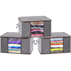 K-ONE Set of 3 foldable storage bags, large capacity, for clothes, blankets, bedding, 60 x 41 x 34 cm, transparent window with carry handles (grey)