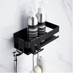 YUNLVIWU Shower Shelf No Drilling Stainless Steel Shower Shelf with 3 Hooks Shower Basket Bathroom Shelf Rustproof Bathroom Organiser Shampoo Holder for Shower (Black)