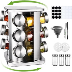 FDGAUCA Spice Rack Rotating Kitchen Organiser, Spice Rack & Spice Rack, 360° Rotatable, 12 Round Spice Containers with Stainless Steel Lids, Stainless Steel Spice Carousel, High-Quality Kitchen