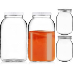Artcome 4 Pack Glass Jars Set - 2 x 3.5L Wide Mouth Glass Jars with 2 Airtight Plastic Lids, 2 x 473ml Jar with 2 Silver Metal Lids for Fermenting, Kimchi, Storage, Canning