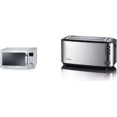 SEVERIN MW 7751 2-in-1 Microwave (800 W) Stainless Steel/Black & Automatic Long Slot Toaster, Toaster with Bun Attachment, Brushed Stainless Steel/Black, AT 2509
