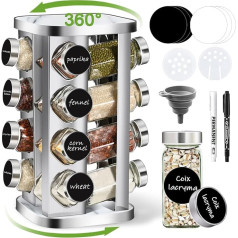FDGAUCA Spice Rack Standing Space for 16 Square Spice Jars of 120 ml Includes Labels Funnel 360° Stainless Steel Spice Rack Rotating Kitchen Spice Organiser