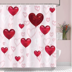 Bonhause Shower Curtain Valentine's Day Pink Red Love Heart Balloons Shower Curtains 180 x 180 cm Anti-Mould Waterproof Polyester Fabric Washable Bathroom Curtain for Bathroom with 12 Hooks