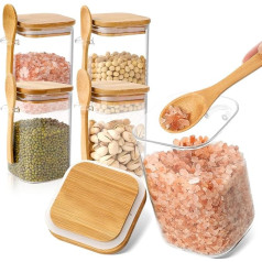 mossFlos 4 x Glass Containers, 500 ml Glass Storage Container, Airtight Glass Jar with Natural Bamboo Lid and Spoon, Borosilicate Glass for Coffee, Tea, Sugar, Sweets, Bath Salts (Rectangular)