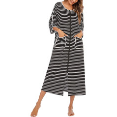 Cocoarm Women's Long Dressing Gown Striped Long Nightdress with 3/4 Sleeves Zip Crew Neck Sleepwear with Pocket Soft Cosy Robe Loungewear House Coat, 17112201467