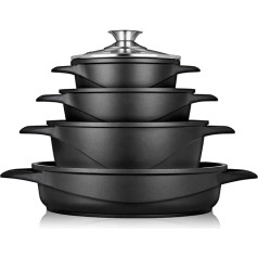 briebe MGK-17 Induction Saucepan Set, 4 Pots Made of Cast Aluminium, Non-Stick Coating Ilag Granitec without PFOA, Glass Lids, Silicone Oven Gloves, Glass Ceramic, Gas, Oven