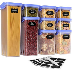 UNI-DRAIN Storage Jars with Lid, Airtight, Set of 9, Kitchen Storage Box with Blue Lid, BPA-Free, Storage Container for Cereal, Flour, Cornflakes, Pasta, Food Storage