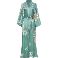 Babeyond Women's Dressing Gown Maxi Long Satin Summer Kimono Beach Dress Floral Pattern Printed Cardigan Kimono Bathrobe Women's Long Robe Flowers Sleep Robe Girl Pyjamas Party - 1 silver green