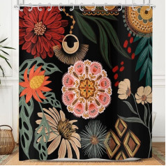 Hnmdmyi Shower Curtain Black Boho Flowers 180 x 180 cm, Vintage Abstract Bohemian Flower Botanical Bath Curtain Mid Century Modern Aesthetic Retro Waterproof Polyester Fabric Washable Bath Curtain