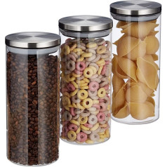 Relaxdays Storage Jars, Set of 3, 1.3 L, Airtight, Stainless Steel Lid, for Pasta, Cereal & Rice, Kitchen Container, Transparent