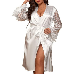 SEAUR Women Satin Short Lace Slant V Neck Kimono Plus Size Sleepwear with Belt for Bride Bridesmaid Party Wedding