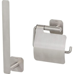 Tiger Colar Toilet Roll Holder, Brushed Stainless Steel with Integrated Adhesive Film for Mounting without Drilling + Colar Spare Roll Holder for Gluing, Brushed Stainless Steel