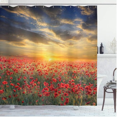 ABAKUHAUS Poppy Shower Curtain, Scenic Field Sunset Sky, Fabric Fabric Bathroom Decoration Set with Hooks, 175 x 240 cm, Multicolor