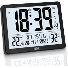 ADE Digital Radio-Controlled Clock with Very Large Numbers | Table Clock Wall Clock with 2 Alarm Times and Lighting | Thermometer Hygrometer | Narrow Frame in Matt Black