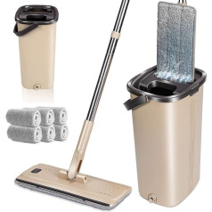 MASTERTOP Mop Set and Cleaning Bucket, Floor Mop with 6 Microfibre Pads, Self-Cleaning Flat Mop for Dry and Wet, Floor Cleaning, Tiles, Parquet, Laminate