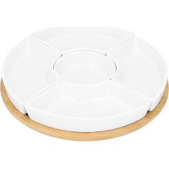 HOMLA Fincan Modern Serving Plate, Round, 6 Pieces, Eye-catching Design Plate for Parties, Celebrations, Snacks, Appetizers, Porcelain and Bamboo Wood, Diameter 30 cm, White