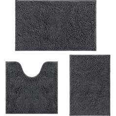 RUN HELIX Ultra Soft Chenille Bath Mat Non-Slip Anti-Mould Absorbent Bath Mat Set 3 Pieces Shaggy Bath Mats Fluffy Bath Mat Set with U-shaped Toilet Mat (Dark Grey)