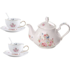 YBK Tech Strength Porcelain Coffee Pot, Ceramic Teapot, Pink Rose (Teapot + 2 Sets Cups and Saucer)