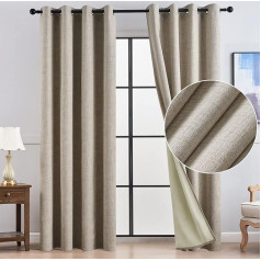 Topfinel Opaque Curtains with Eyelets, Linen Look, Blackout Curtains, Living Room Curtains, Dark Beige, Set of 2, W 140 x H 240 cm, Blackout Curtain
