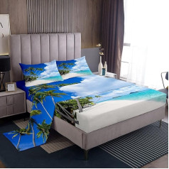 Loussiesd Ocean Beach Hawaiian Palm Wave Bed Sheet Set Tropical Island Fitted Sheet Set 4 Pieces Includes 1 Flat Sheet and 1 Flat Sheet with 2 Pillowcases Soft Double