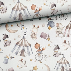 Fabric for Sewing for Children, 100% Cotton: 1 m Premium Cotton Fabric with Animals in the Circus - Fox Rabbit Badger Elephant Raccoon Children's Fabric - Circus Love