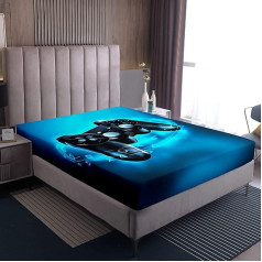 Children's Boys Game Theme Fitted Sheet 140 x 200 cm for Teenagers Men Gamepad Print Fitted Sheet Video Game Action Buttons Doker 100% Soft Microfibre Bed Sheet Blue Black Fitted Sheet