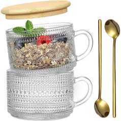 Vintage Coffee Mugs 400ml Glass Coffee Cups with Lids and Spoons Clear Embossed Aesthetic Cups Cute Drinking Glasses for Latte Cappuccino Oats (2)